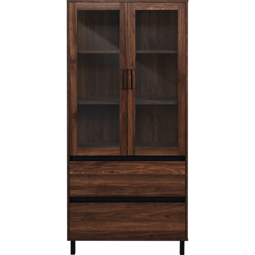 68" Glass Door Storage Hutch in Dark Walnut Finish