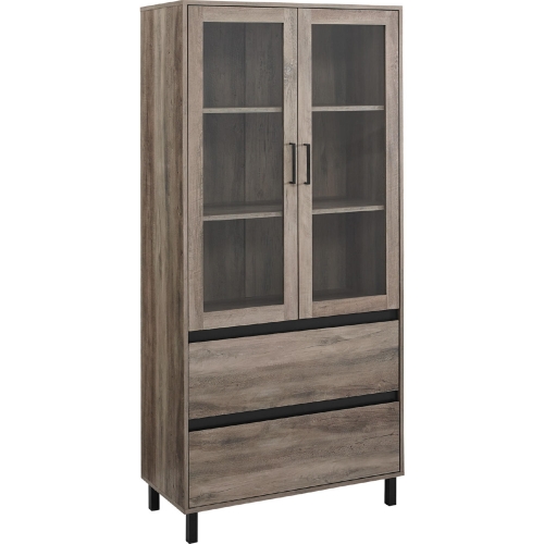 68" Glass Door Storage Hutch in Grey Wash Finish