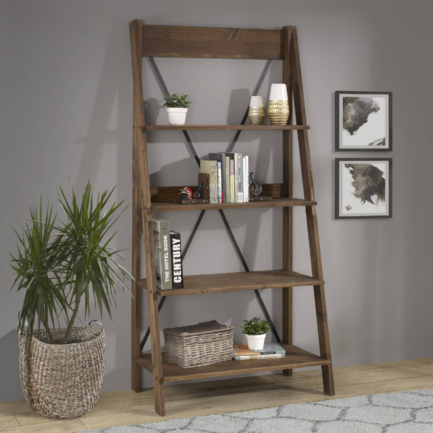 Walker Edison 68 Solid Wood Ladder Bookshelf - Grey