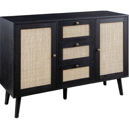 47" 3 Drawer Sideboard in Black Finish & Rattan