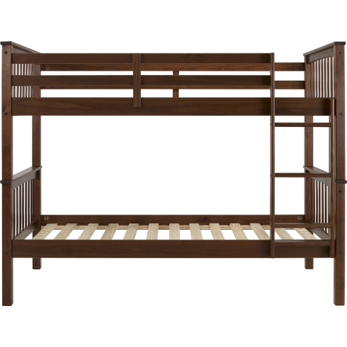 Solid Pine Wood Twin Over Twin Bunk Bed in Walnut