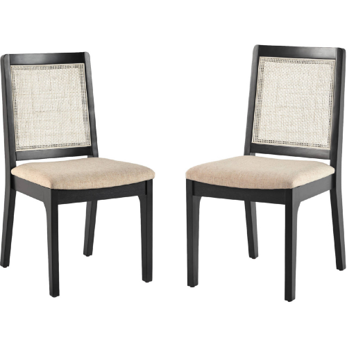 Catalina Dining Chair in Black Finish Wood, Rattan & Neutral Fabric (Set of 2)