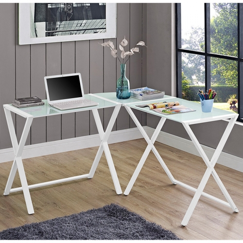 X Frame Glass & Steel L Shaped Computer Desk in White