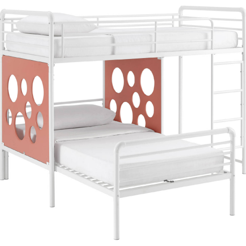 Devan L Shape Twin Bunk Bed w/ Cut Out Panels in White & Terracotta