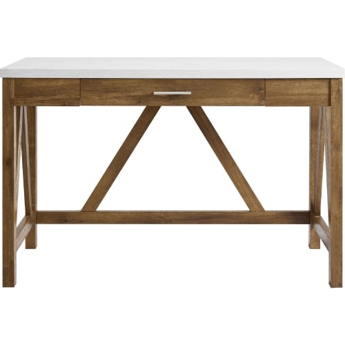 46" Modern Computer Desk in Natural Walnut w/ White Faux Marble Top