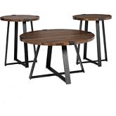 3 Piece Metal Wrap Coffee & 2 Side Table Set in Dark Walnut Finish