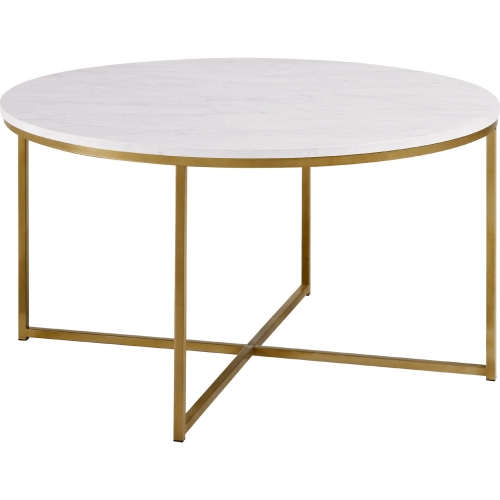 2 Piece Round Coffee & End Table Set in White Faux Marble & Gold