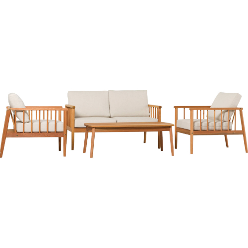 Circa Outdoor 4 Piece Loveseat Set in Natural Wood & Neutral Fabric