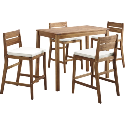 5 Piece Outdoor Counter Height Dining Set in Brown Acacia & Fabric