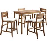 5 Piece Outdoor Counter Height Dining Set in Brown Acacia & Fabric