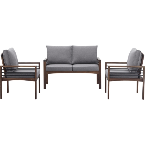 3 Piece Outdoor Loveseat & 2 Chairs Set in Wood, Metal & Grey Fabric