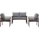 3 Piece Outdoor Loveseat & 2 Chairs Set in Wood, Metal & Grey Fabric