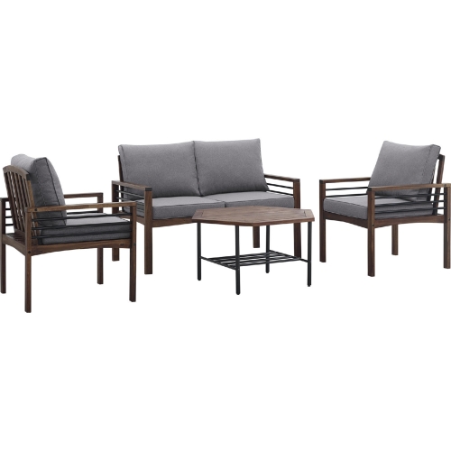 4 Piece Outdoor Loveseat, Chairs & Table Set in Wood, Metal & Grey Fabric