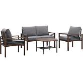 4 Piece Outdoor Loveseat, Chairs & Table Set in Wood, Metal & Grey Fabric