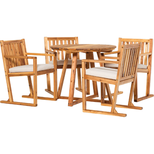 Prenton Outdoor 5 Piece Dining Set in Natural Wood & Neutral Fabric