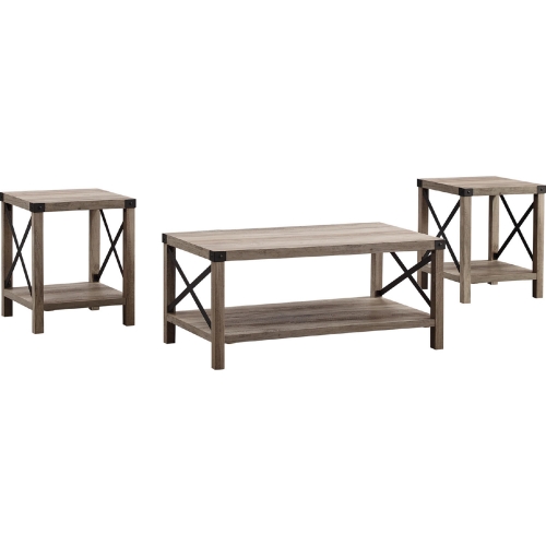 3 Piece Rustic Wood & Metal Coffee Table Set in Grey Wash