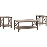 3 Piece Rustic Wood & Metal Coffee Table Set in Grey Wash