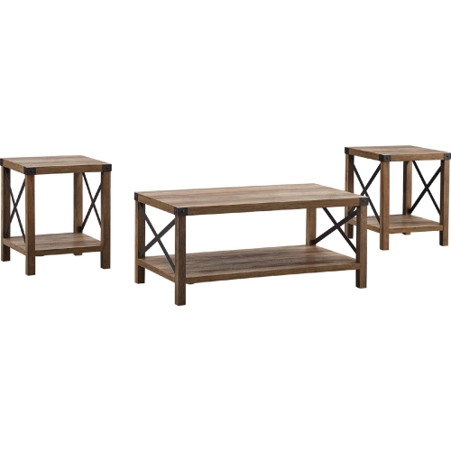 3 Piece Rustic Wood & Metal Coffee Table Set in Rustic Oak