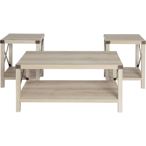 3 Piece Rustic Wood & Metal Coffee Table Set in White Oak