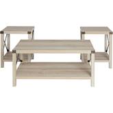 3 Piece Rustic Wood & Metal Coffee Table Set in White Oak