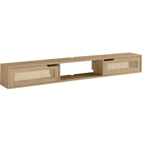 Hamkke 70" 2 Door Floating TV Stand in Coastal Oak Finish & Rattan