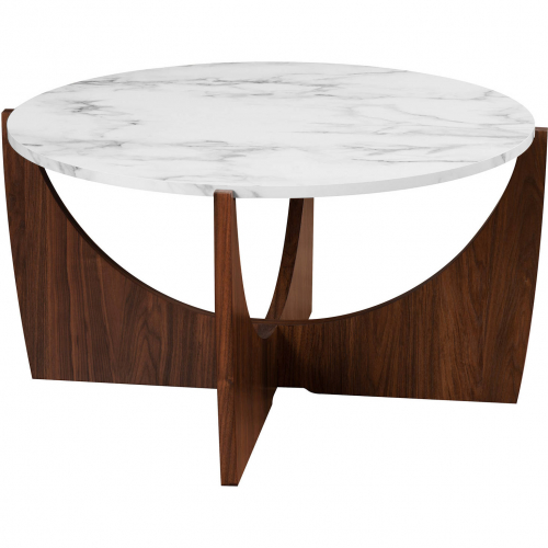 Luna 35" Round Coffee Table in Faux Calcutta Marble & Dark Walnut Finish