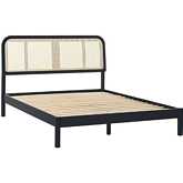 Neru Queen Platform Bed w/ Rattan Headboard Insert in Black Finish Wood