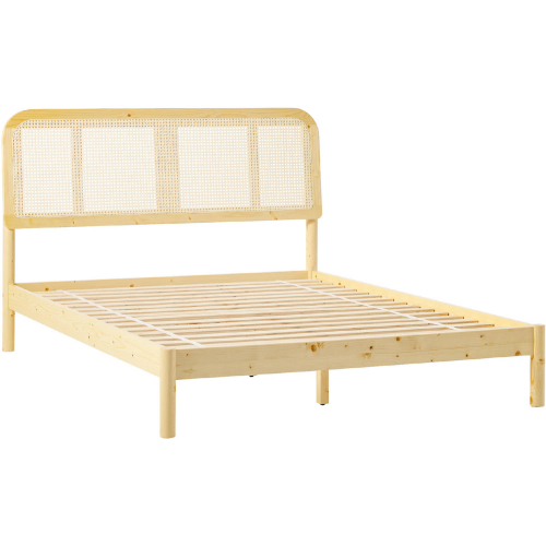 Neru Queen Platform Bed w/ Rattan Headboard Insert in Natural Finish Wood