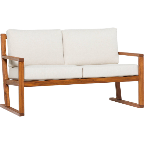 Prenton Outdoor Slat Back Loveseat in Brown Finish Wood & Neutral Fabric