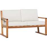 Prenton Outdoor Slat Back Loveseat in Natural Finish Wood & Neutral Fabric