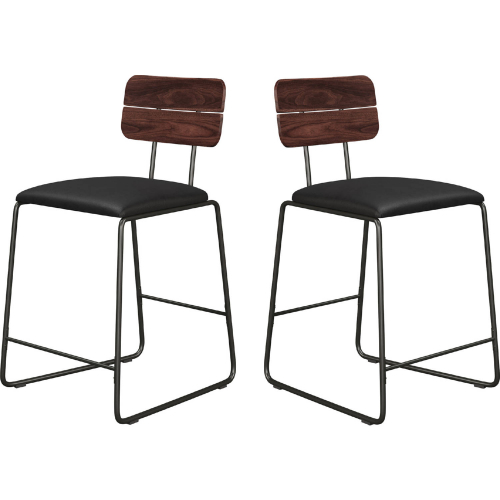 Roland Counter Stool in Wood, Black Metal & Black Leatherette (Set of 2)