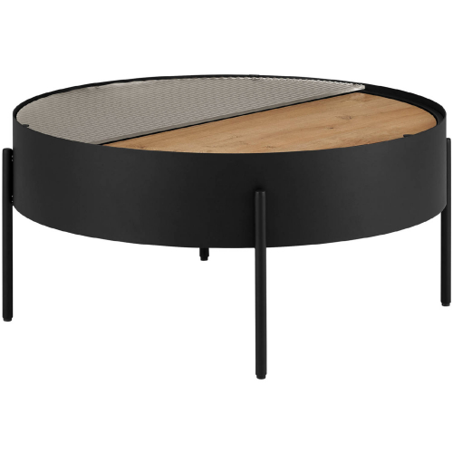 Tempestes 33" Sliding Top Drum Coffee Table in Black, Oak & Fluted Glass