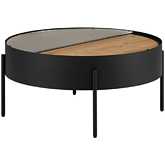 Tempestes 33" Sliding Top Drum Coffee Table in Black, Oak & Fluted Glass