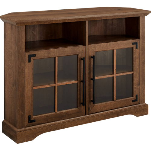 Abigail 2 Door Corner TV Stand Console in Walnut Finish, Glass & Black Metal