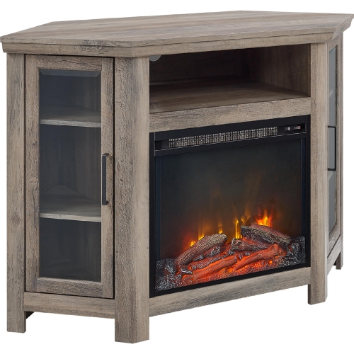 48" Corner Fireplace TV Stand in Grey Wash & Tempered Glass