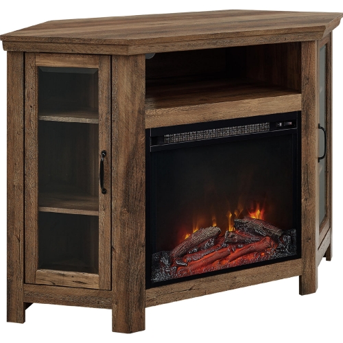 48" Corner Fireplace TV Stand in Rustic Oak & Tempered Glass