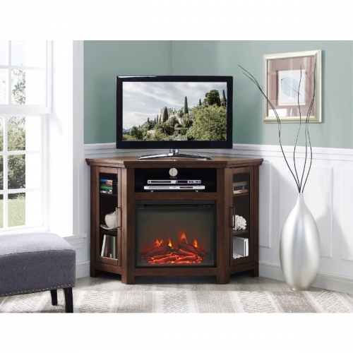 48" Wood Corner Fireplace TV Stand Media Console in Brown