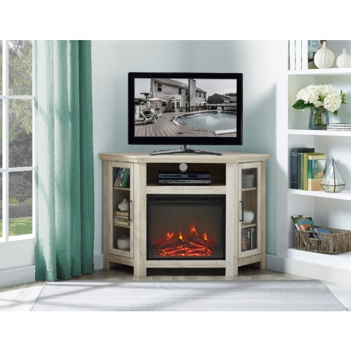 48" Wood Corner Fireplace TV Stand Media Console in White Oak