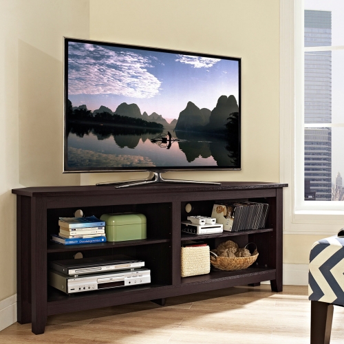 58" Wood Corner TV Stand Console in Espresso