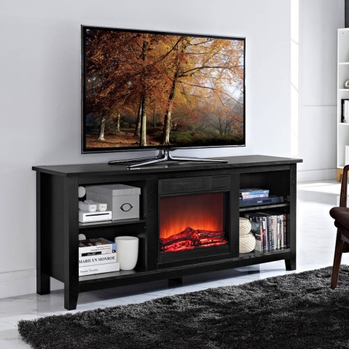 58" Black Wood TV Stand w/ Fireplace Insert