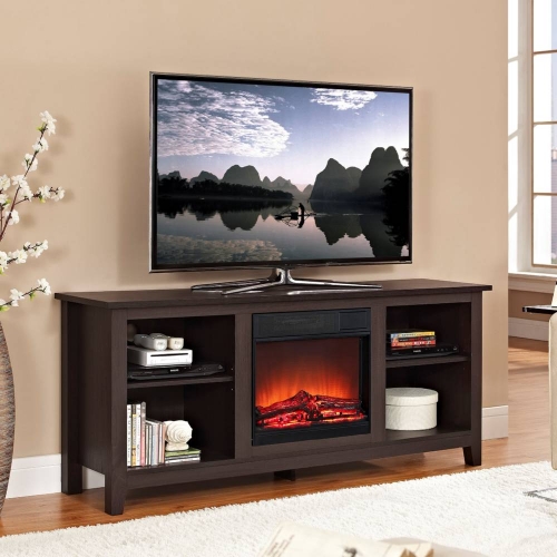 58" Espresso Wood TV Stand w/ Fireplace Insert