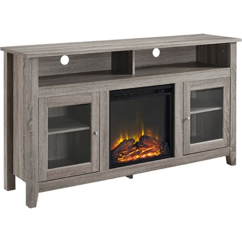 58" Wood Highboy Fireplace TV Stand in Driftwood