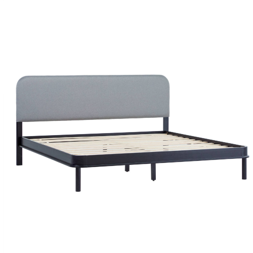 Annette Curved Headboard King Bed in Black Finish Wood & Gray Fabric