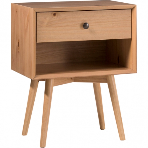 Mid Century 1 Drawer Nightstand in Natural Pine Wood