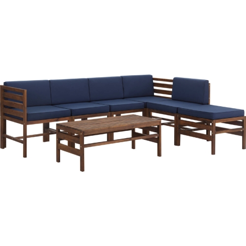 Sanibel Outdoor 7 Piece Modular Sectional Sofa Set in Dark Brown & Navy Blue