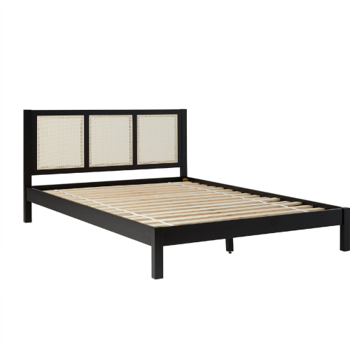 Yasmina Queen Platform Bed with Rattan Panel Headboard in Black Finish Wood