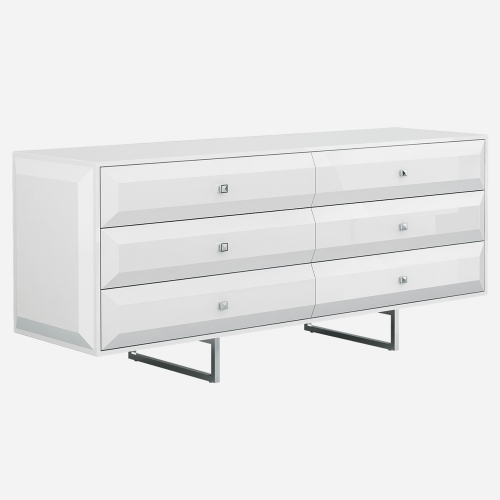 Abrazo 6 Drawer Dresser in High Gloss White w/ Geometric Design on Stainless Steel Base