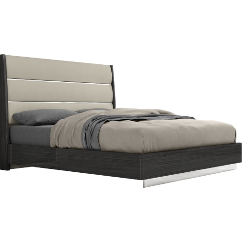 Pino King Bed in Gloss Dark Grey, Light Grey Leatherette & Stainless