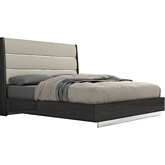 Pino King Bed in Gloss Dark Grey, Light Grey Leatherette & Stainless