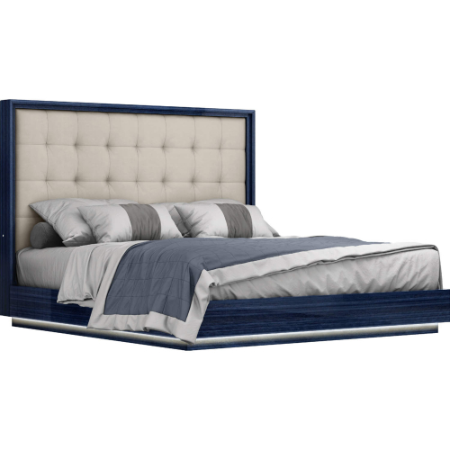 Alexander King Bed in High Gloss Saphire Blue, Tufted Beige Fabric & LED